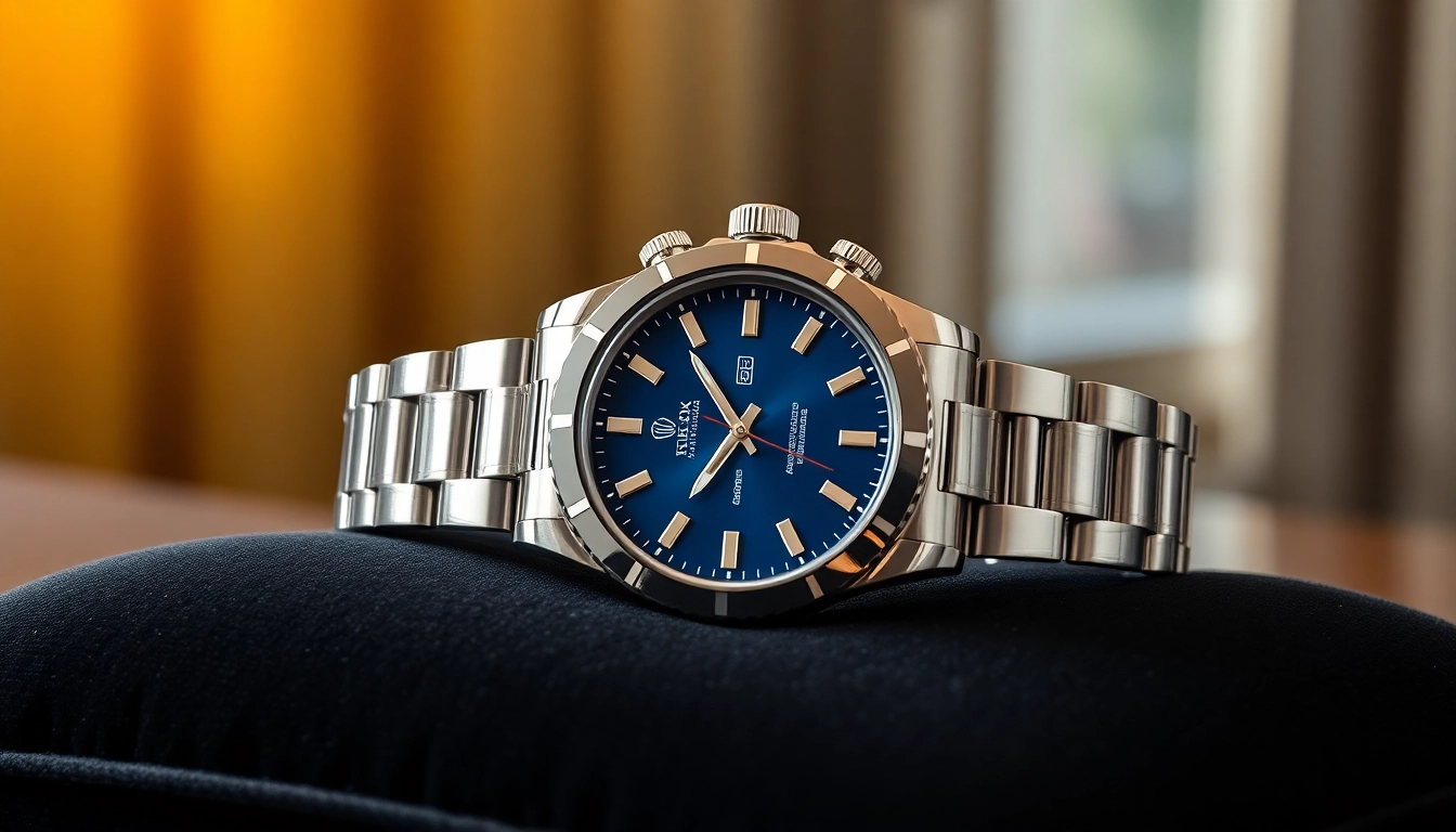 Admiring a polished rolex replica watch on a velvet cushion enhances luxury and sophistication.