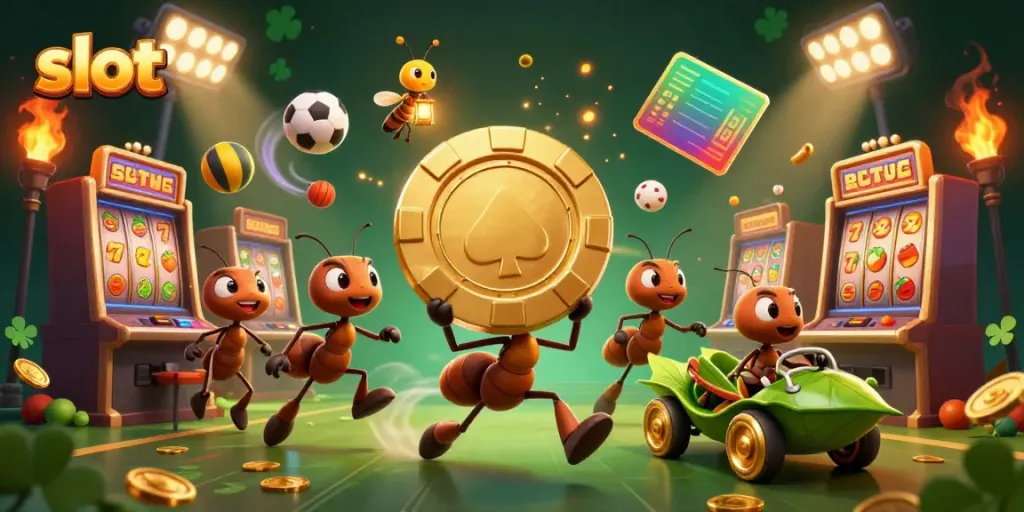 Engaging cartoon scene of ants in a heist with a golden poker chip amidst slot machines and gaming elements.