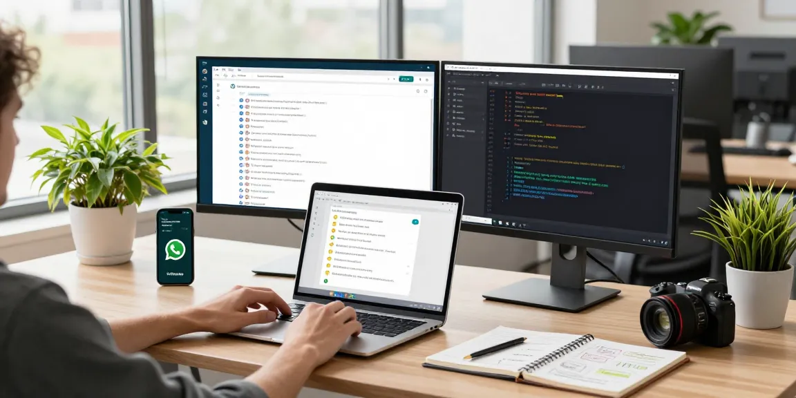 Professional using WhatsApp電腦版 in a modern office workspace, showcasing productivity and technology.