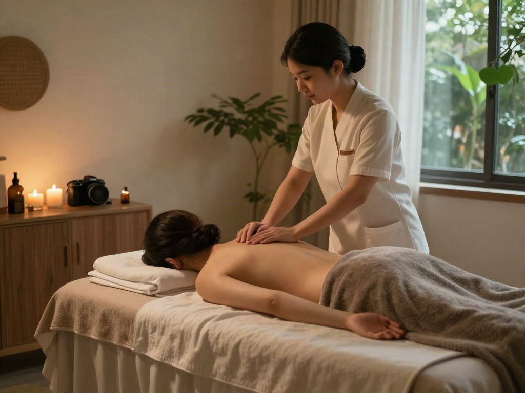 A serene wellness spa scene showcasing a 강서구출장마사지 treatment with candles and calming decor.