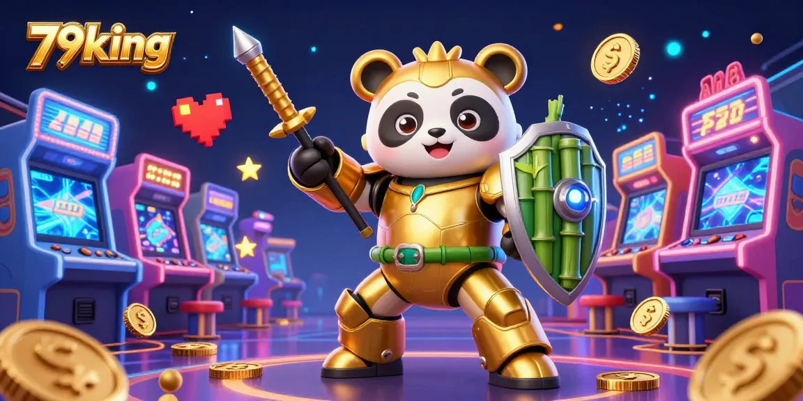 Engage with 79king’s dynamic casino arcade scene featuring a golden panda robot battling in style.