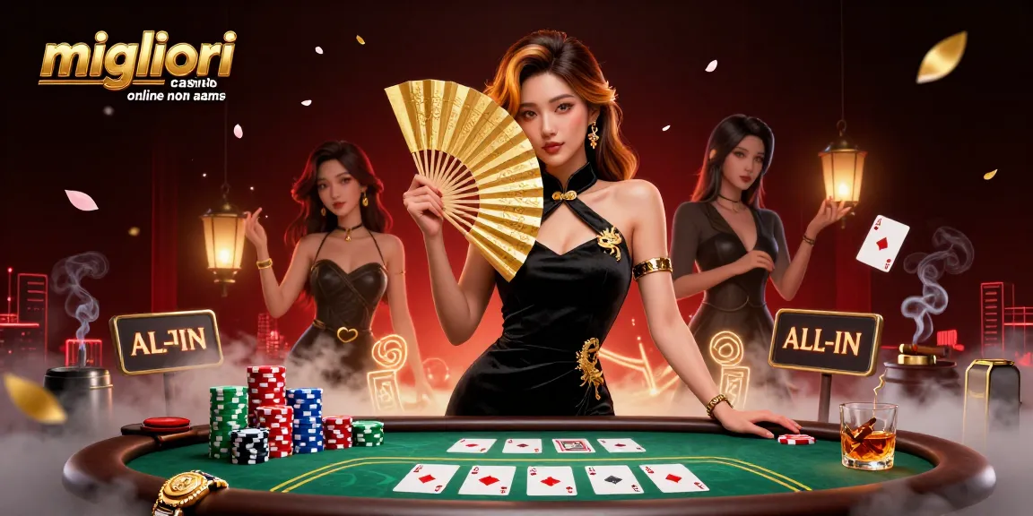 Migliori casinò online non AAMS presenta una donna asiatica affascinante tra elementi di casinò vivaci per un'esperienza di gioco coinvolgente.