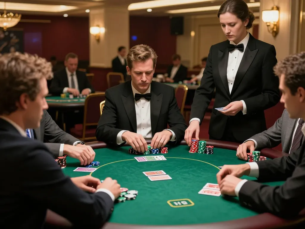 Players strategizing around a poker table while analyzing dark web links for secure information