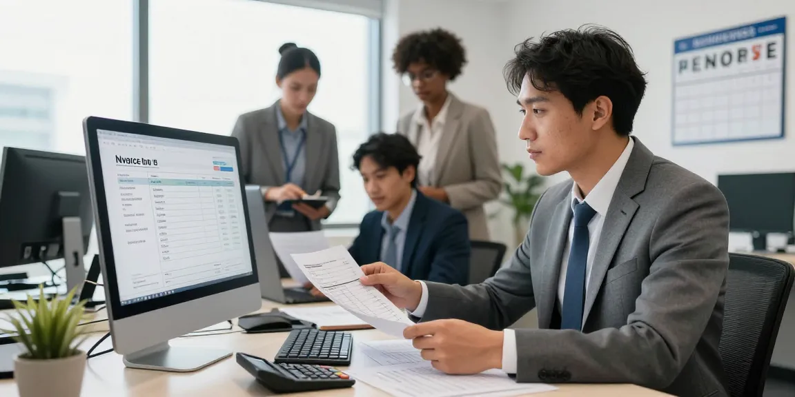 Accountant detecting fraud invoice with computer and team collaboration in a bright office.