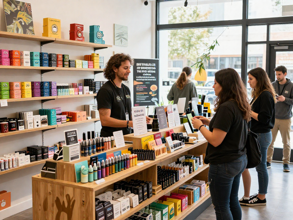 Cake cart display in a vibrant cannabis shop showcasing popular flavors and customer interactions