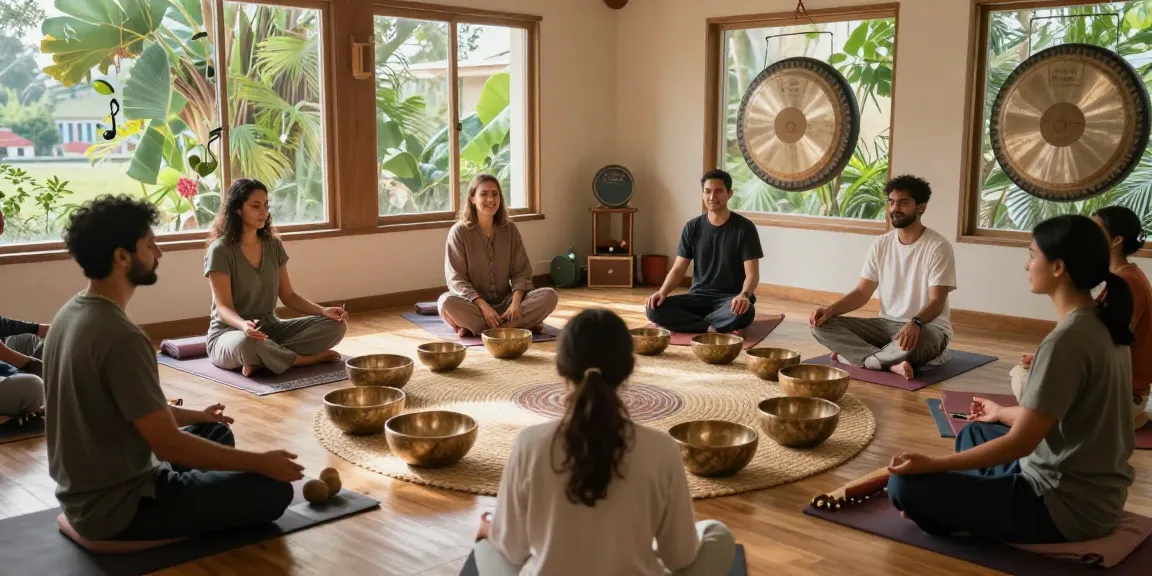 Sound healing course in Rishikesh India, students practicing meditation with singing bowls in a serene classroom.