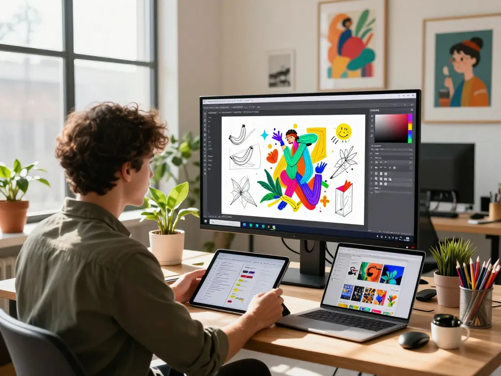 Designer using nano banana 2 AI image editor in a vibrant creative workspace with digital artwork on display.