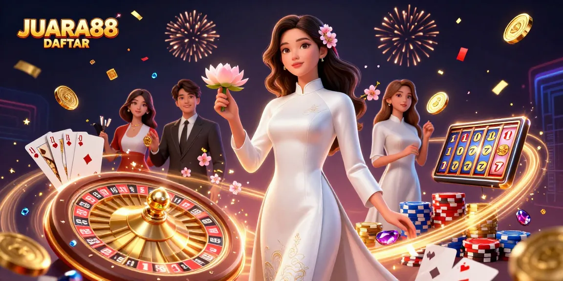 Engage with JUARA88 DAFTAR showcasing thrilling casino elements in a vibrant celebratory scene.