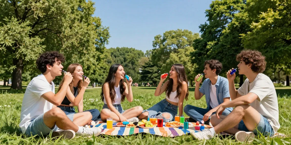 Friends enjoying Hitz Infinity Gen 7 vapes in a sunny park setting.