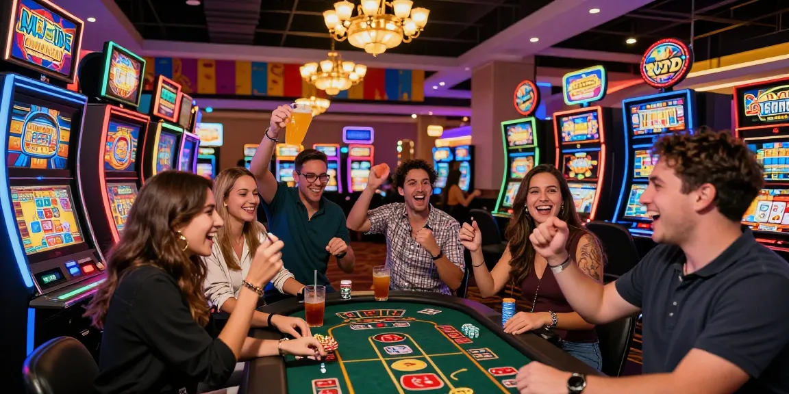 Friends celebrating their wins at gambling machines, showcasing the rokok88 link excitement in a vibrant casino.