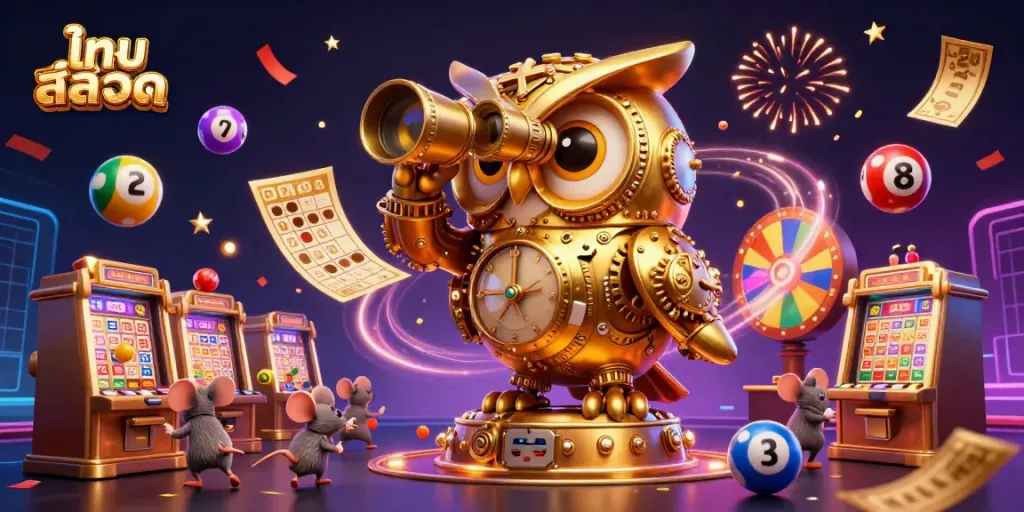 Engage in ไทย สล็อต with vibrant animation of an owl and mice in a dynamic casino scene.