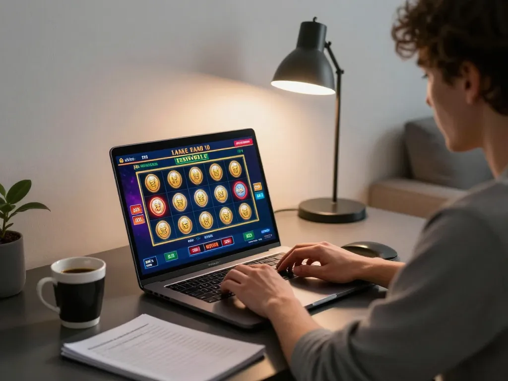 Engaging scene of online slot gaming on a laptop showcasing situs gacor with strategic notes and coffee nearby.