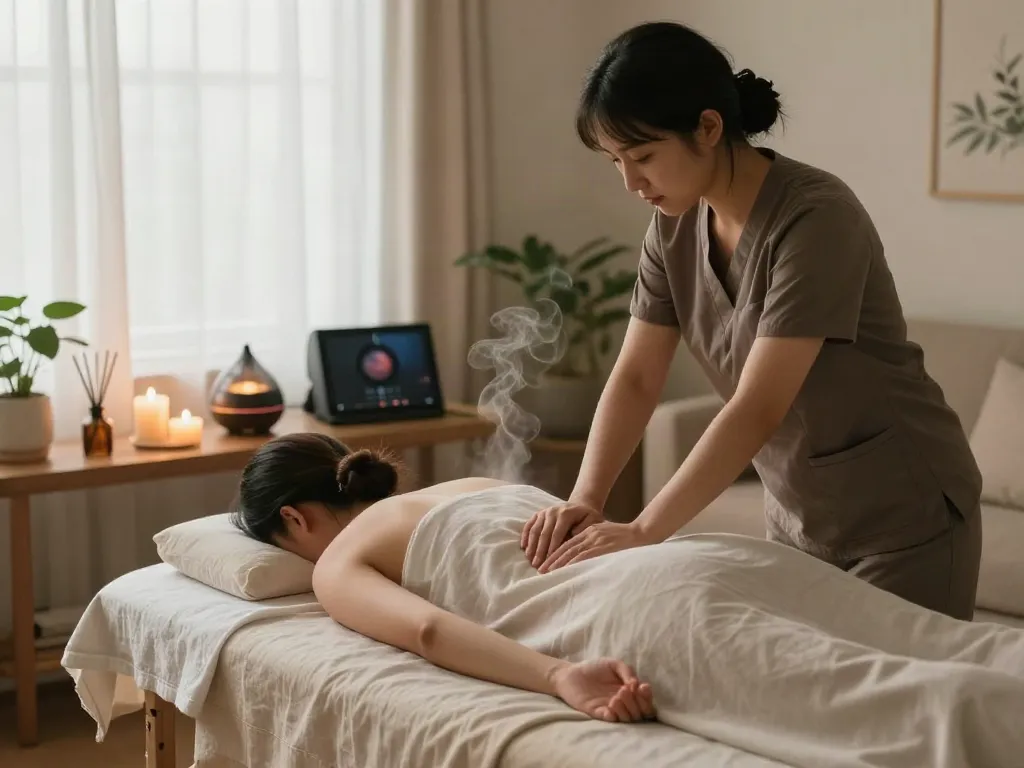Comfortable home massage setting showcasing 종로출장마사지 service, with therapist and client creating a serene atmosphere