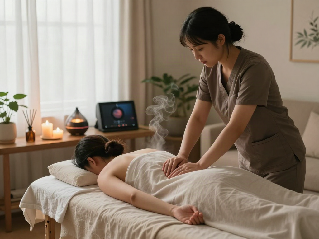 Comfortable home massage setting showcasing 종로출장마사지 service, with therapist and client creating a serene atmosphere