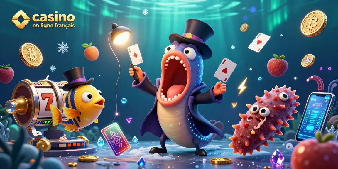 Jouez à un casino en ligne français avec une illustration captivante d'un poisson-globe illusionniste et des éléments de casino