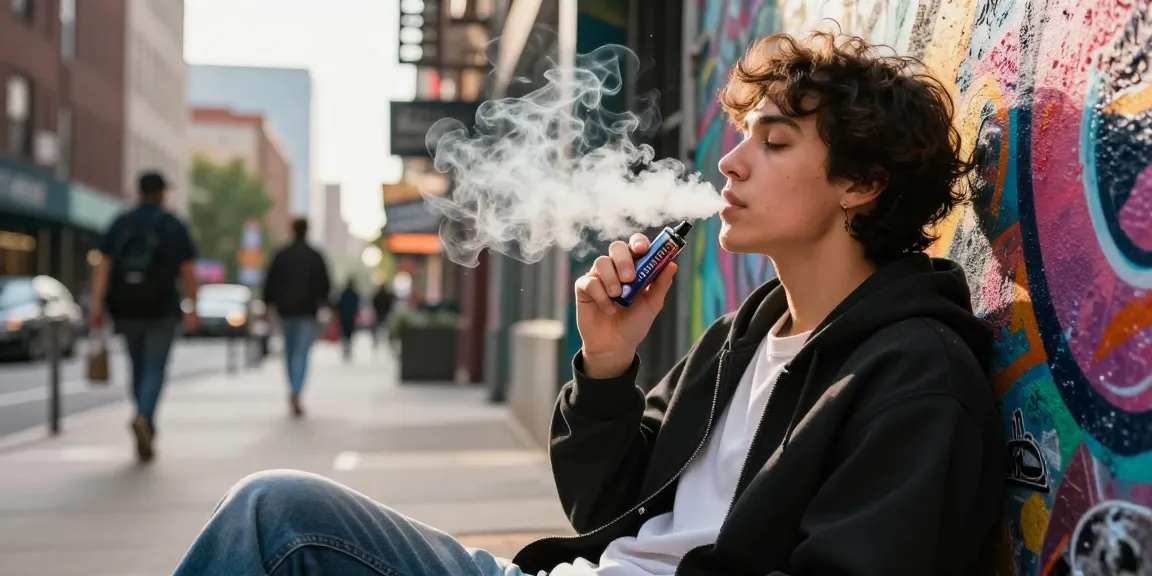 Person using THC vapes UK in a vibrant urban setting, enjoying city life.