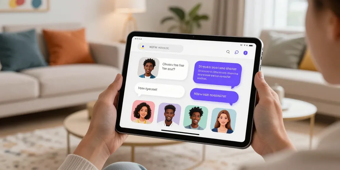 User interacting with vibrant AI NSFW chat interface in a cozy lounge setting.