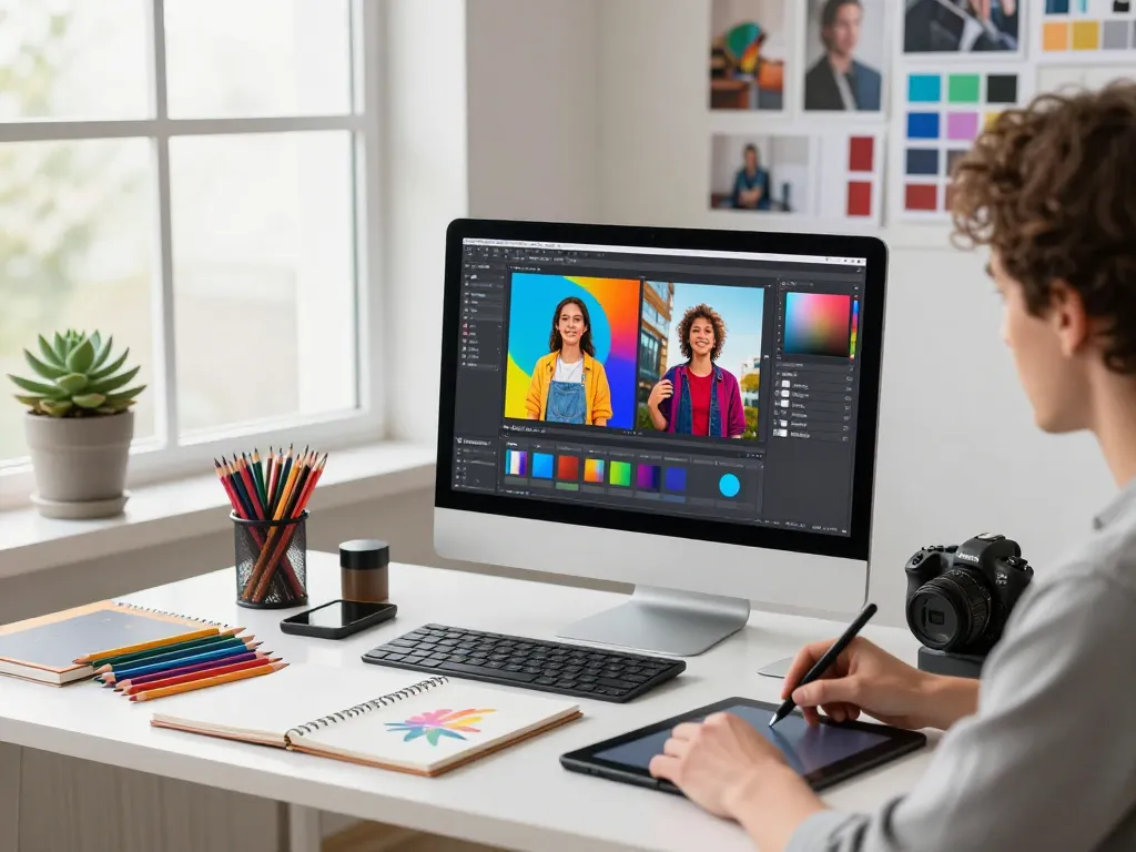 Creative workspace showcasing a professional using Nano Banana 2 for advanced image editing in a bright, inspiring environment.