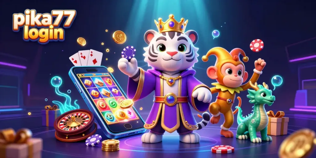 Experience the excitement of winning with pika77 login at a vibrant online casino, featuring animated characters and game elements.
