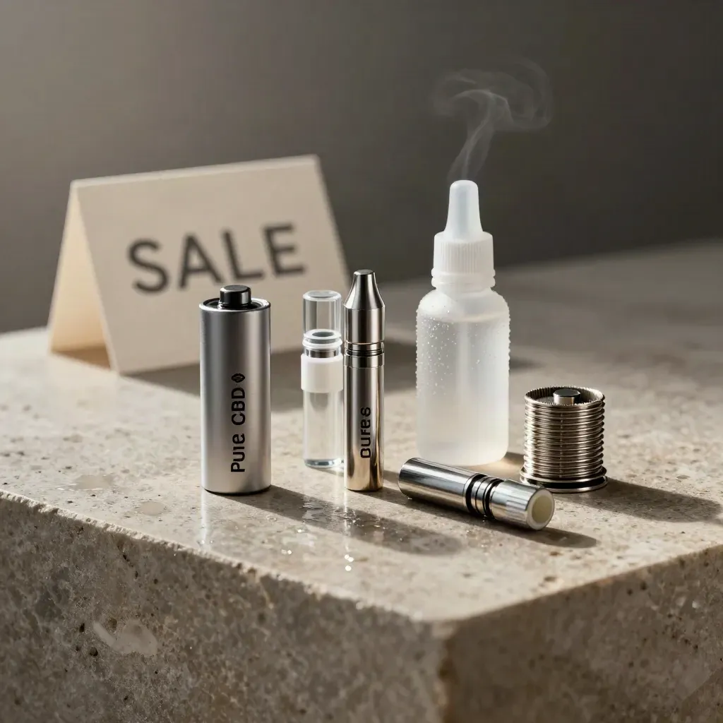 CBD vape starter kit cluster on damp stone with steam and silver accents.