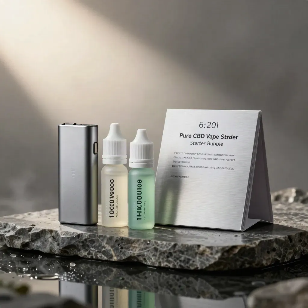 CBD vape starter bundle with battery, cartridges and guide on rain-dark stone