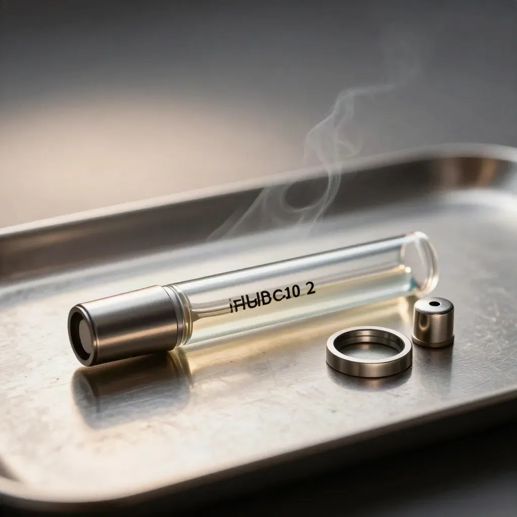 Clear CBD cartridge with metal connector, cap, and ring on a brushed tray in soft light.