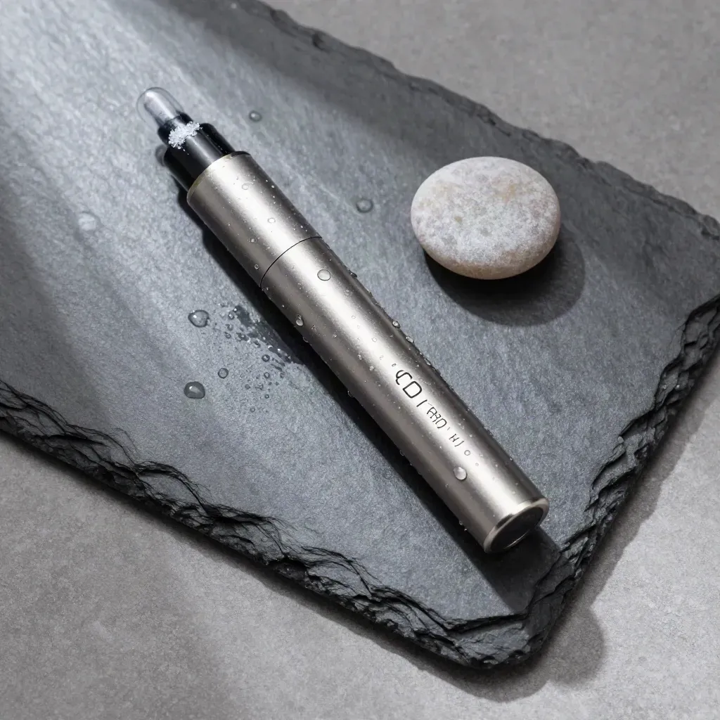 Overhead flatlay of a CBD disposable on wet slate with mist and condensation