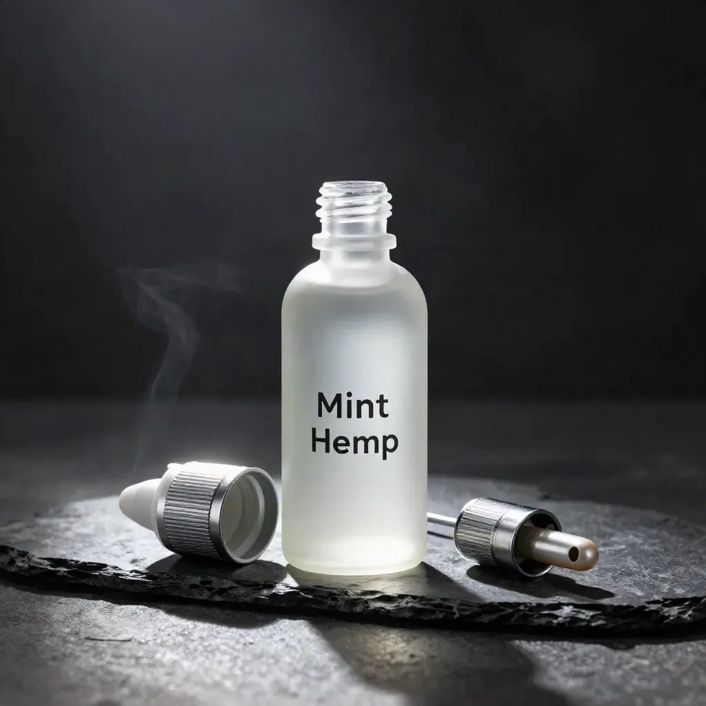Frosted CBD vape bottle with cap and refill tips on dark stone in dramatic studio light.