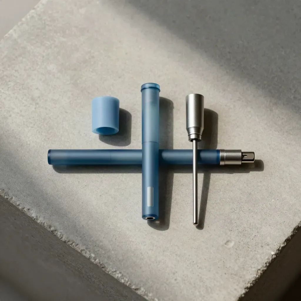 Overhead flatlay of a blue CBD cartridge, cap, connector and charging lead on concrete.