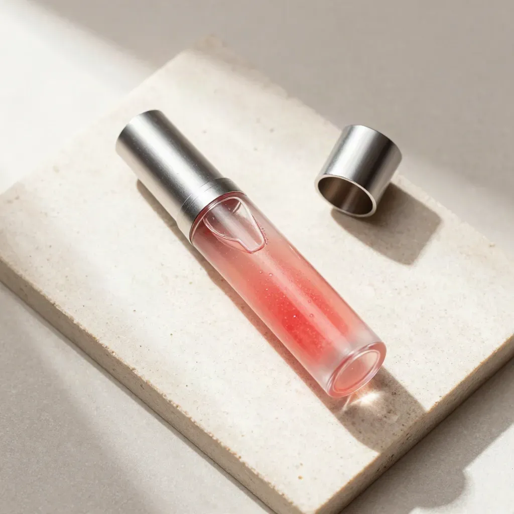 Overhead flatlay of a clear watermelon-tinted CBD cartridge and refill cap on ivory stone.