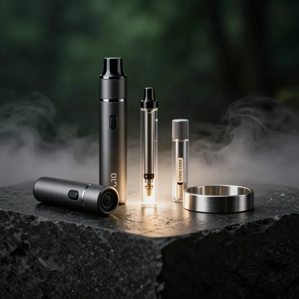 CBD vape pen, cartridge, refill pod and ring on a dark dramatic surface with green glow