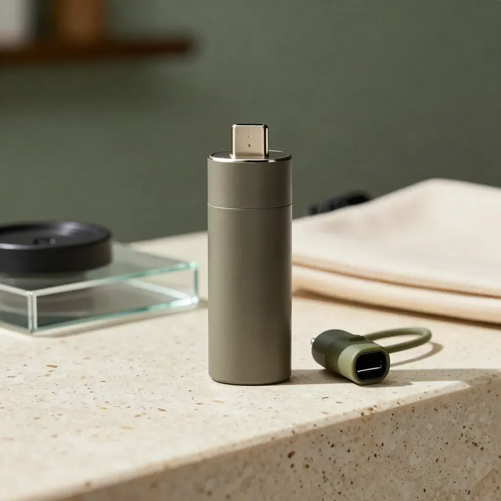 Matte USB-C vape battery upright beside cable loop and spare cap on travertine.