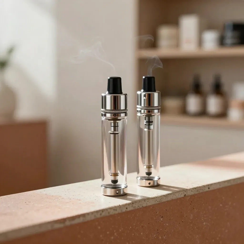 Two clear refillable vape tanks with seals and a tool ring on a brushed ceramic ledge.