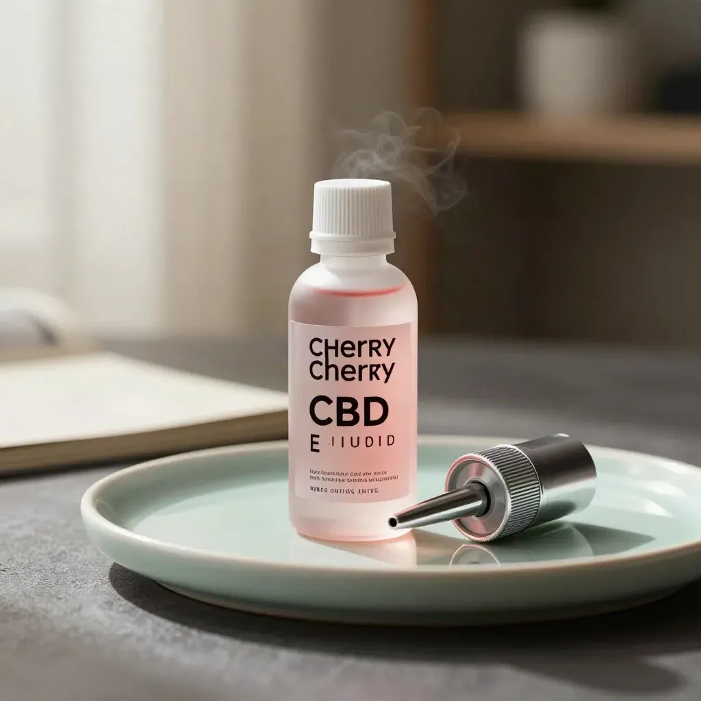Frosted cherry CBD e-liquid bottle with cap and refill tips on a dark plinth
