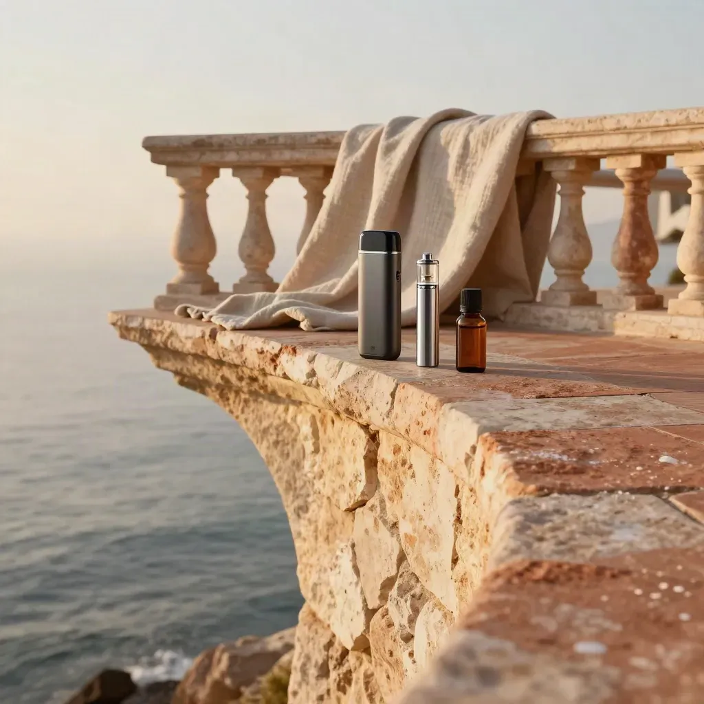 Stone terrace with vape refill kit, linen drape, and golden sea mist at sunset