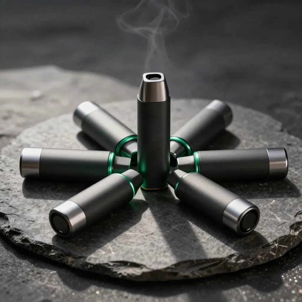 Four unbranded CBD vape units fanned around a central piece on dark stone with green accent light.
