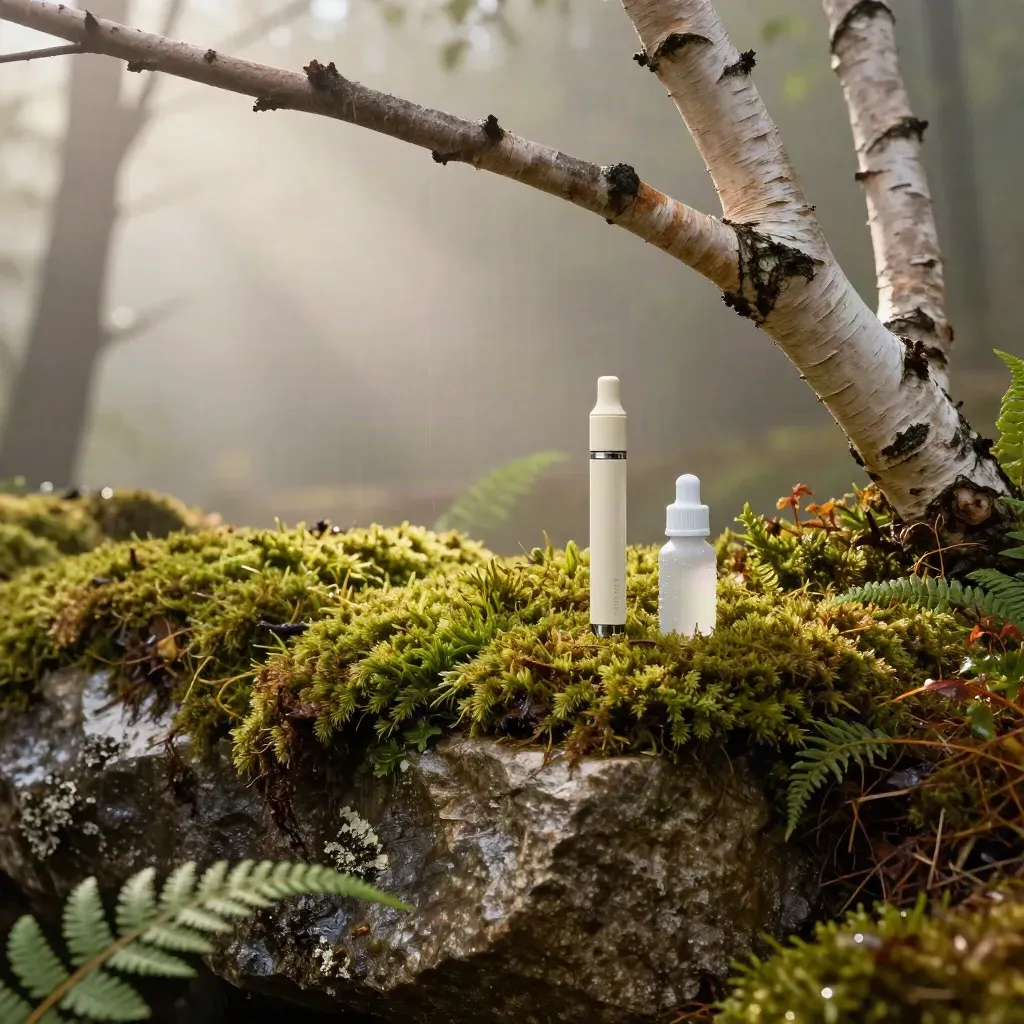 Mossy forest ledge with a slim vape pen and misty open clearing for copy.