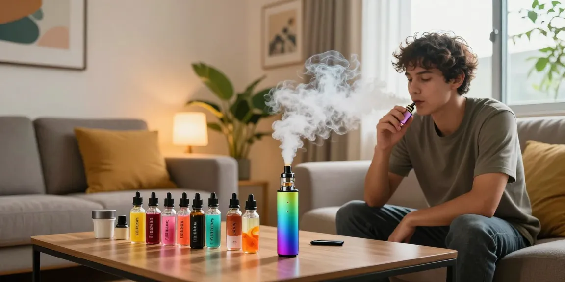 Young adult enjoying THC vape in cozy modern living room, surrounded by colorful e-liquids and a sleek vaporizer.