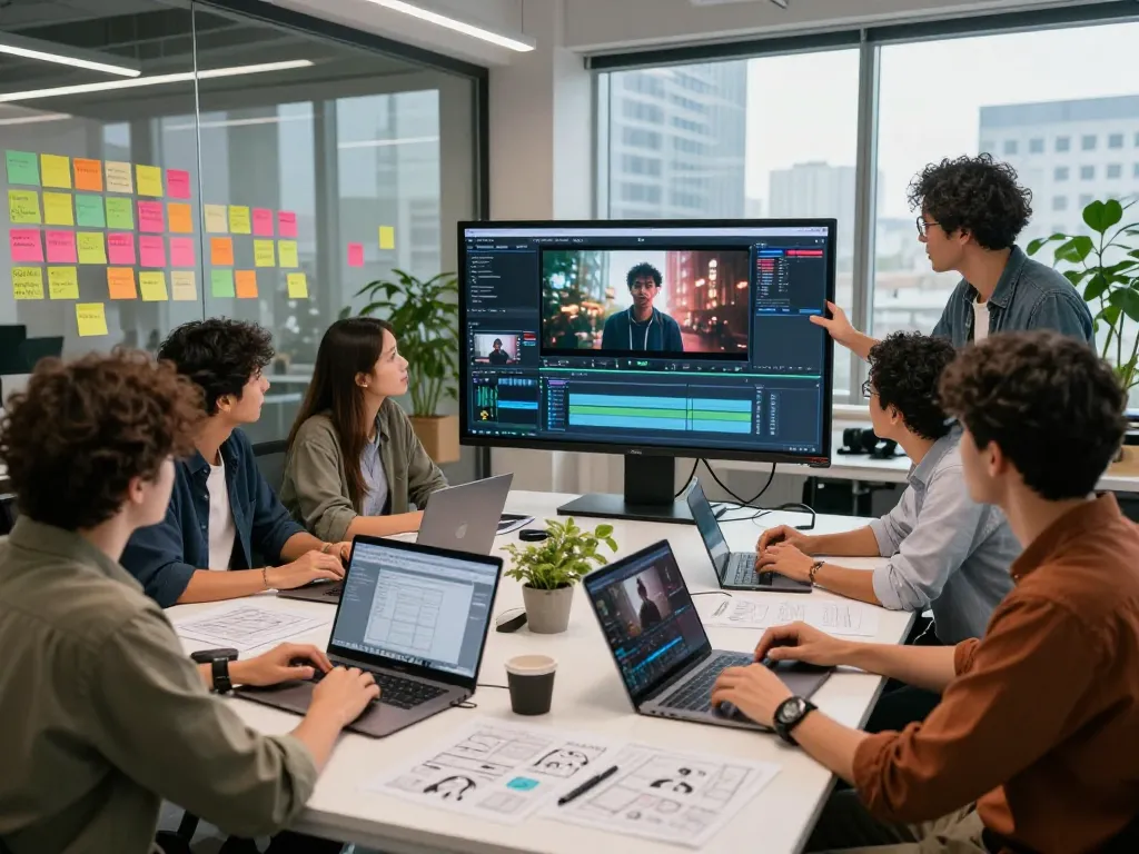 Seedance 2.0 video production team collaborating in a modern workspace, showcasing AI generated cinematic video.