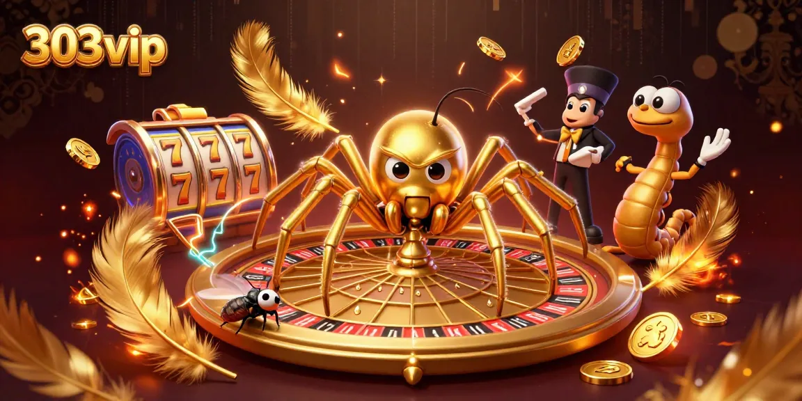 Engage with thrilling slots at 303vip, featuring dynamic 3D visuals of a roulette wheel and spider!