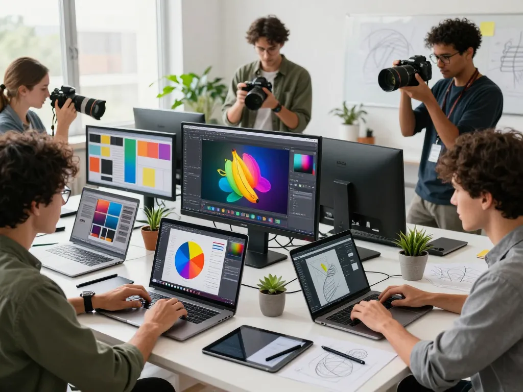 Team of graphic designers collaborating using nano banana pro in a modern digital workspace.