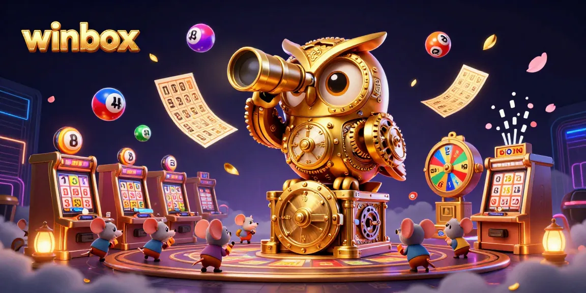 Winbox casino illustration featuring a clockwork owl and wind-up mice across colorful game elements.