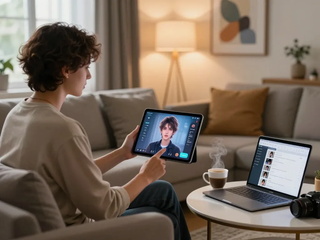 Interactive session with a digital NSFW AI character on a tablet in a cozy home setting, showcasing a personalized engagement experience.
