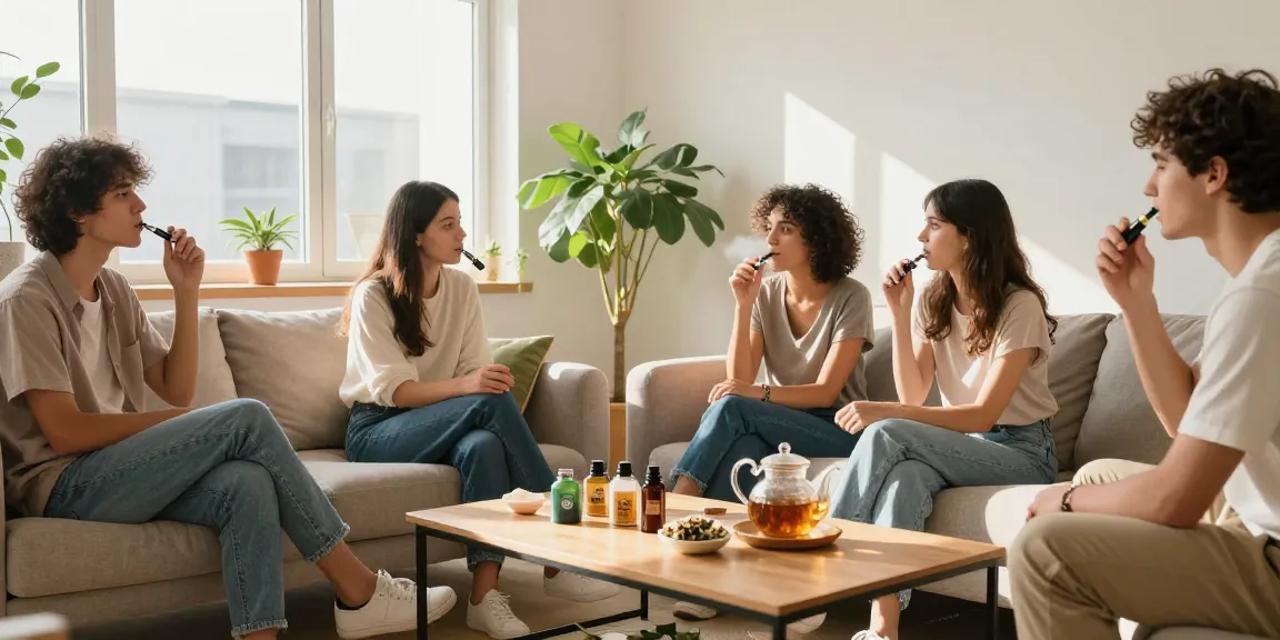 packman vape device and CBD oil set in a cozy living room, showcasing natural wellness and organic products.