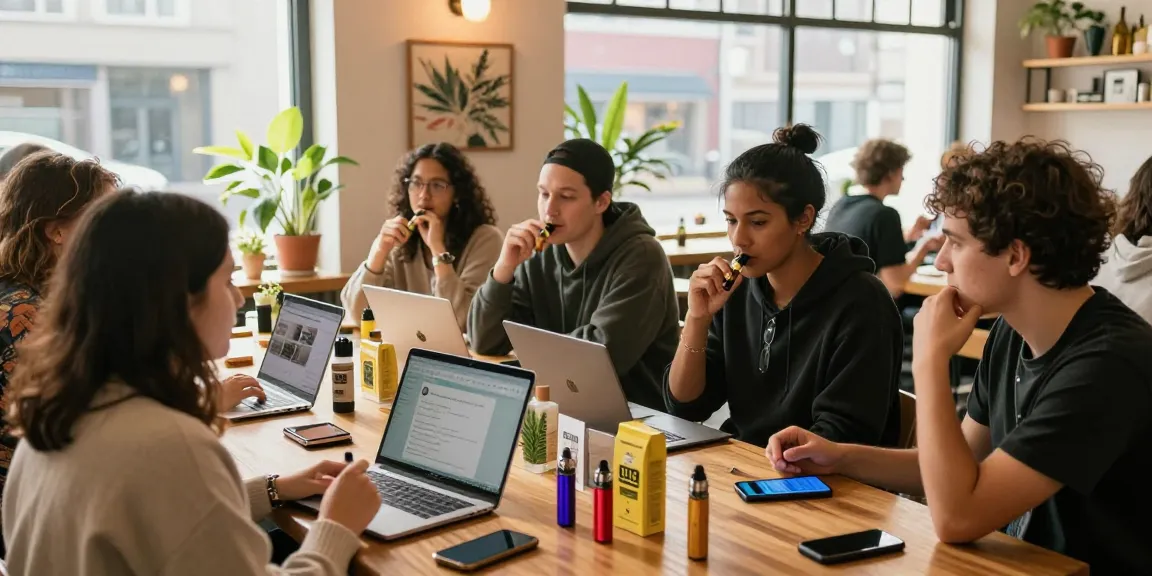 Cannabis enthusiasts discussing THC vape Telegram UK trends in cozy café atmosphere.