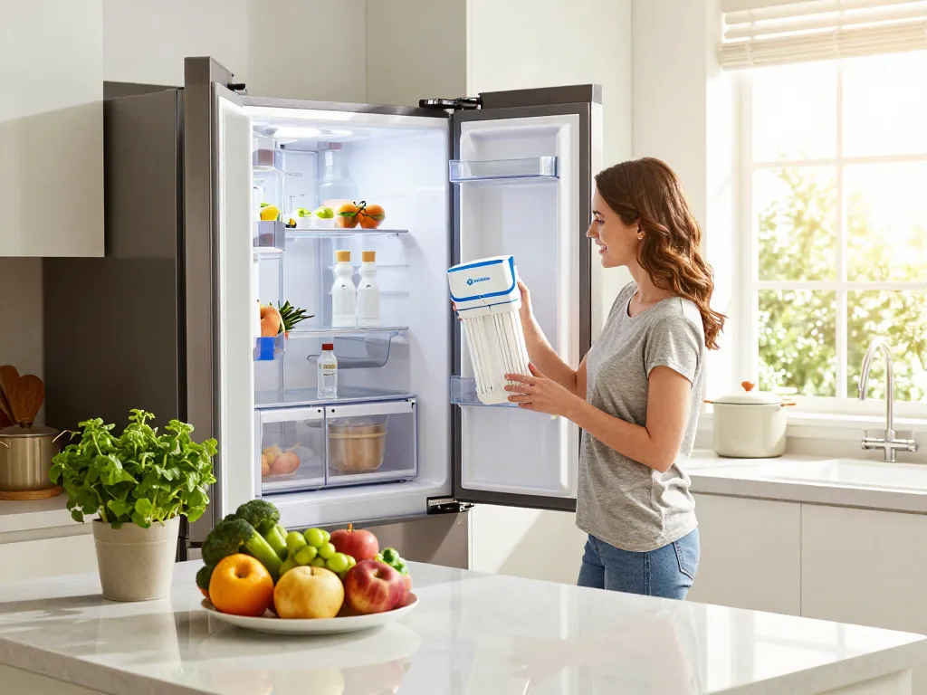 Waterdrop Replacement for Frigidaire® & Electrolux® WF2CB® displayed in a modern kitchen, showcasing healthy ingredients and vibrant atmosphere.