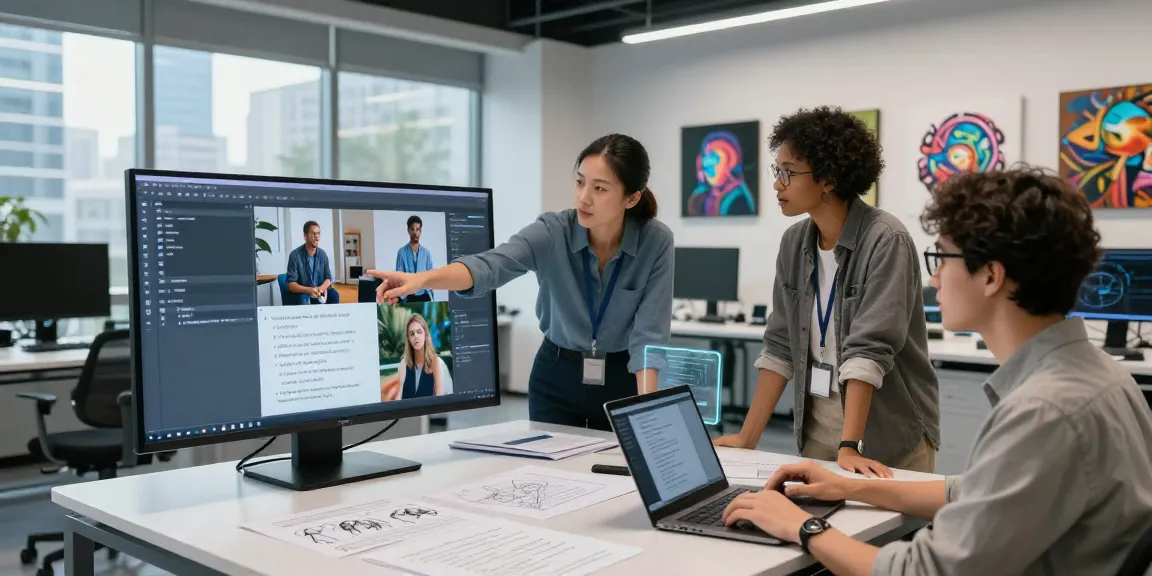 Team collaborating in an AI image to prompt setting, showcasing innovative technology and teamwork.