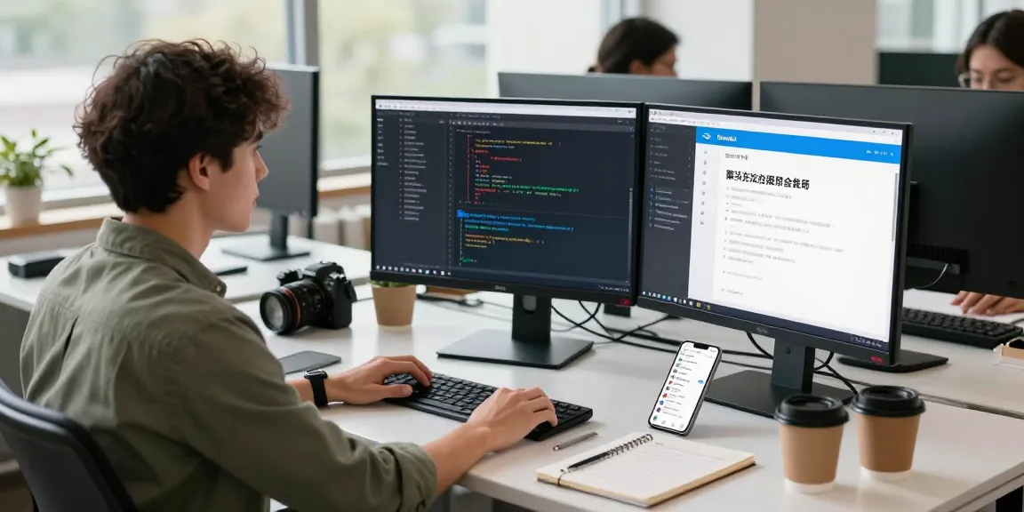 Developer coding using telegram中文版 in a vibrant workspace showcasing collaboration and tech tools.
