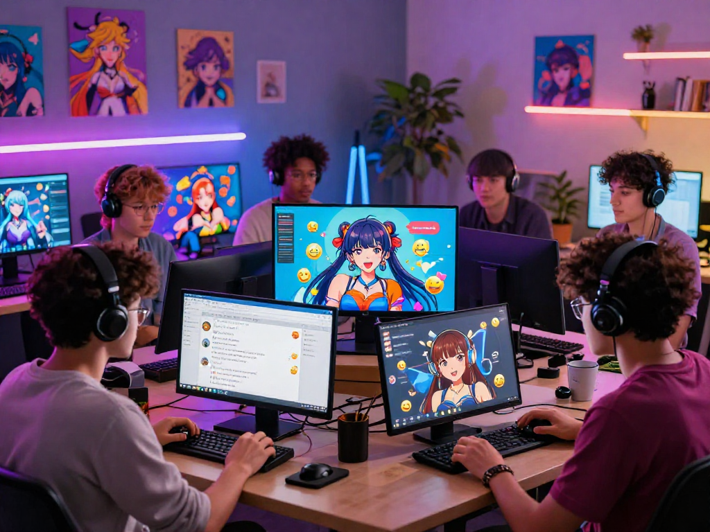 Animated group discussing hentai ai chat in a vibrant digital workspace.