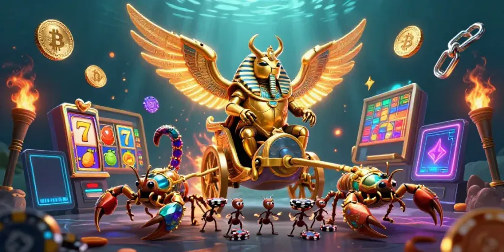 Engaging slot gaming scene featuring a golden scarab beetle with coins and slot symbols.